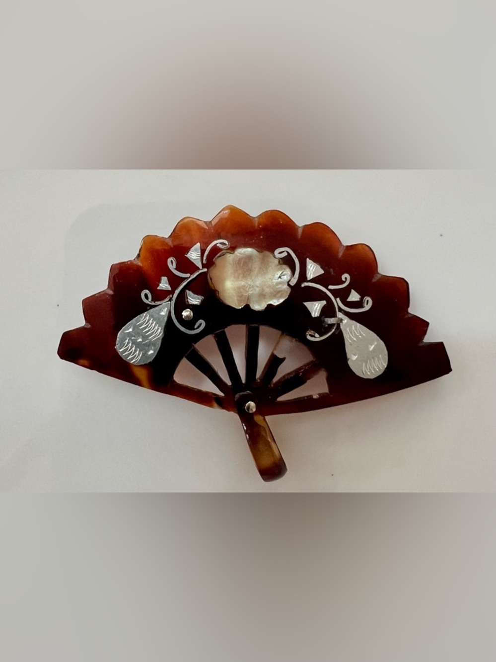 Antique Silver and Mother-of-Pearl Faux Tortoiseshell Fan Brooch